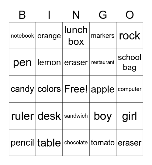 common nouns Bingo Card