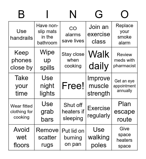 FALL & FIRE PREVENTION Bingo Card