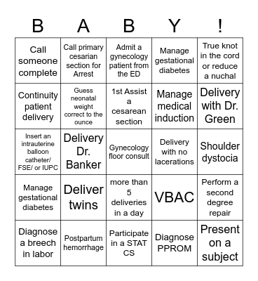 Intern OB Gyn Baby! Bingo Card