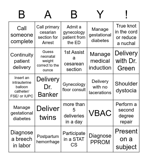 Intern OB Gyn Baby! Bingo Card