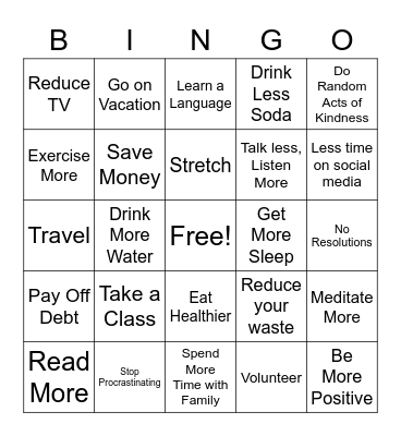 New Years Resolution Bingo Card