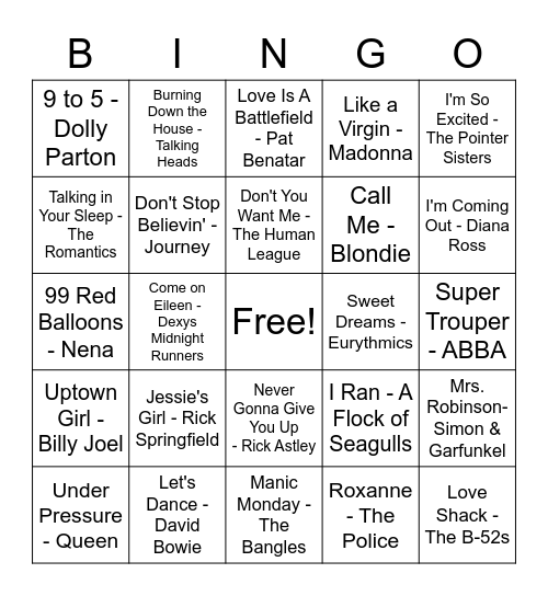 80s Bingo Card