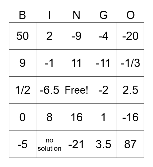 Chapter 2 Bingo Math 8 Bingo Card