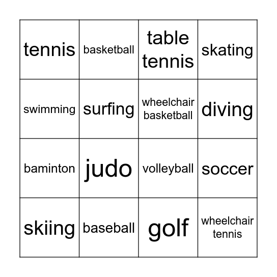 What Sport Do You Like? Bingo Card