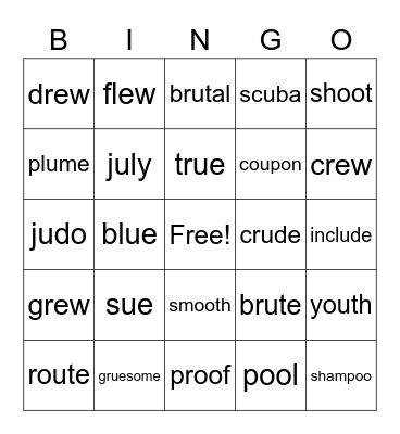 'oo' spellings Bingo Card