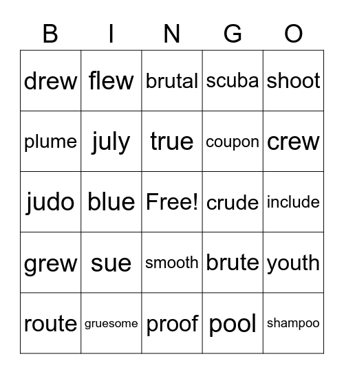 'oo' spellings Bingo Card