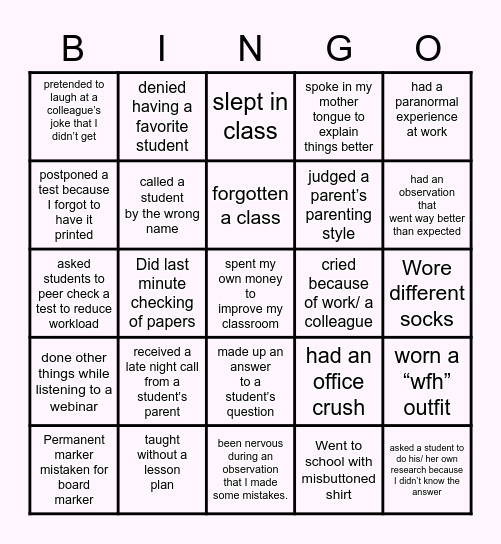 Never Have I Ever Teachers version Bingo Card