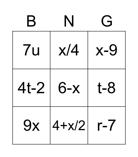 Expressions Bingo Card