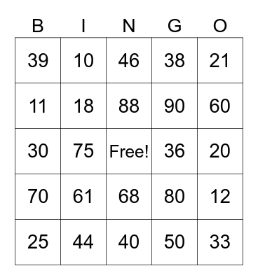 Numeros 1-100 Bingo Card