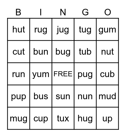 SHORT "u" BINGO Card