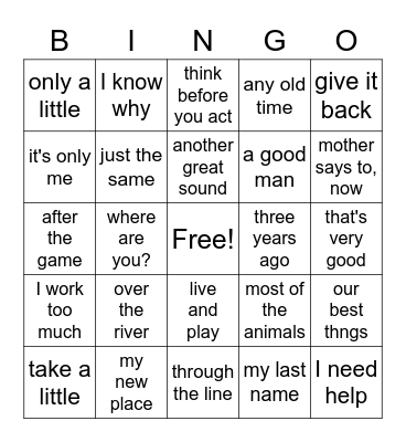 Phrases 101-125 Bingo Card