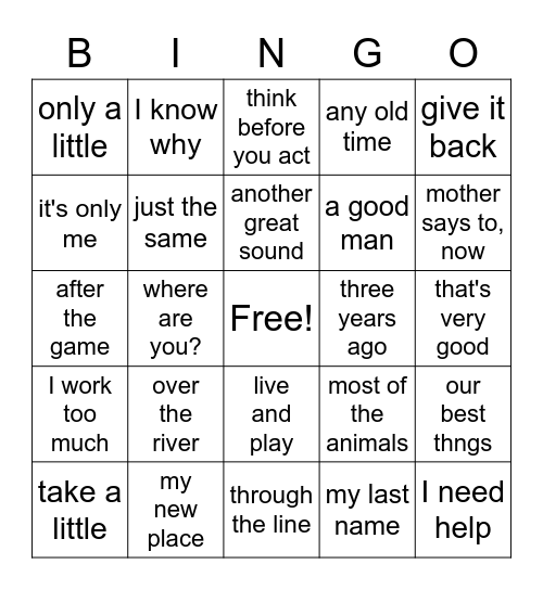 Phrases 101-125 Bingo Card