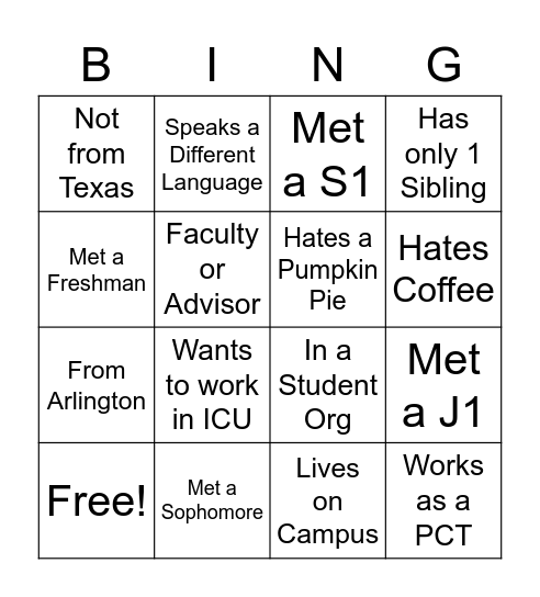 FNS Fall Social Bingo Card