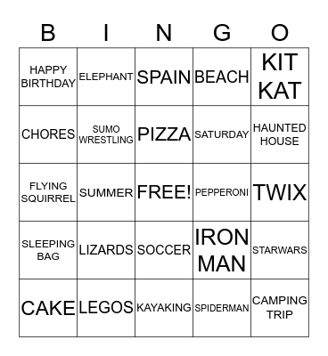 Jared's Birthday Bingo Card