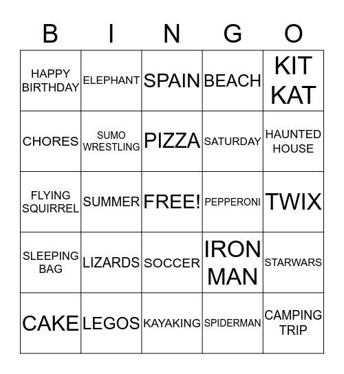 Jared's Birthday Bingo Card