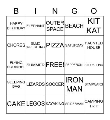 Jared's Birthday Bingo Card