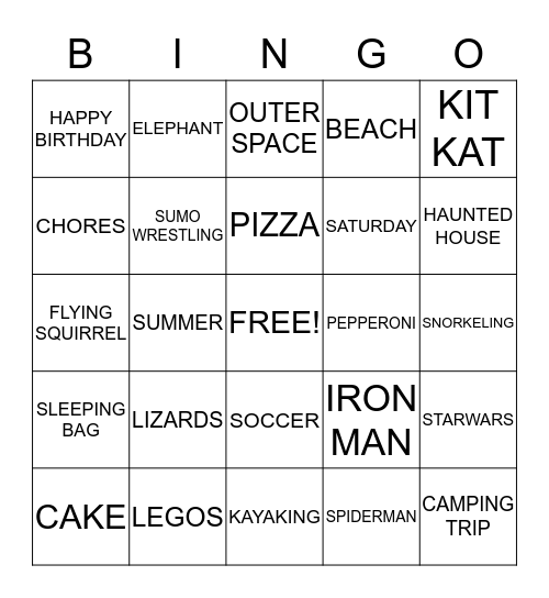 Jared's Birthday Bingo Card