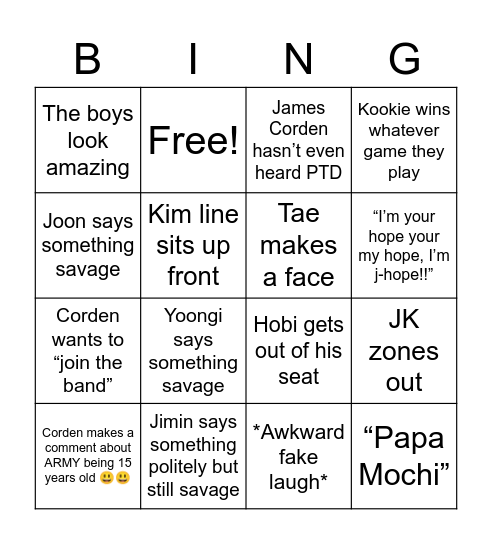 BTS on the Late Late Show Bingo Card