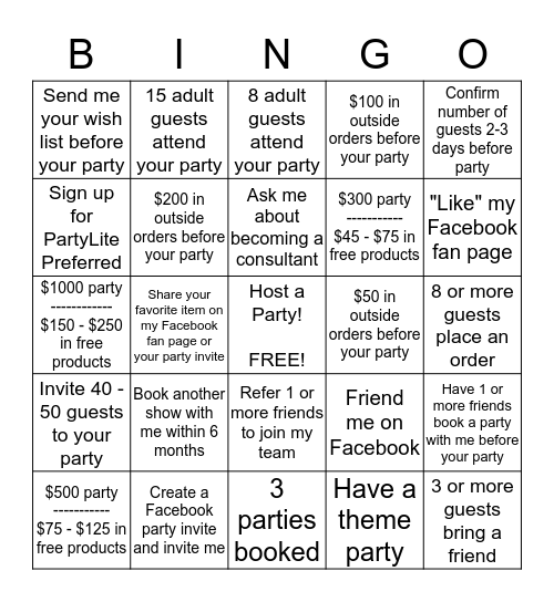 PartyLite Hostess Challange Bingo Card