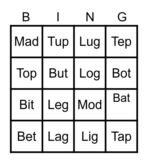 Short Vowels Bingo Card