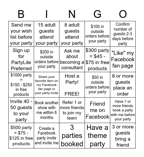 PartyLite Hostess Challange Bingo Card