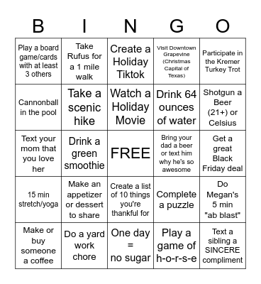 Kremer Thanksgiving Bingo Card