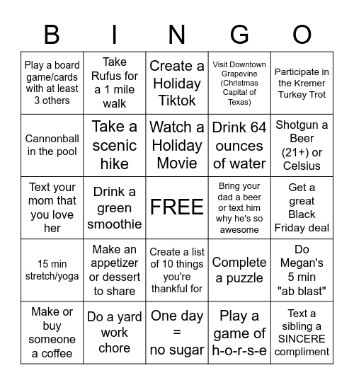 Kremer Thanksgiving Bingo Card