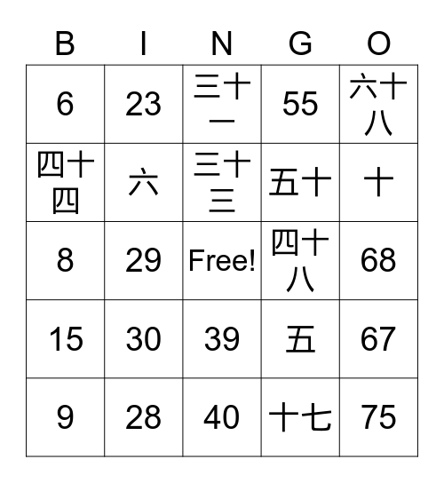 Number Bingo 1-75 Bingo Card