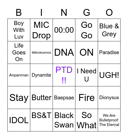 Payton - PTD #1 Bingo Card