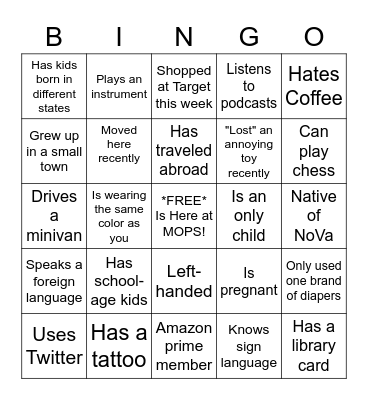 MOPS Mom Life Bingo Card