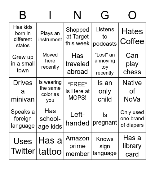 MOPS Mom Life Bingo Card