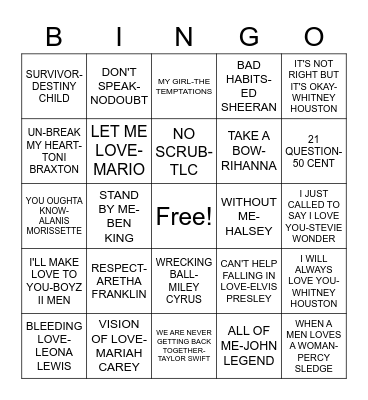 LOVE SONGS VS BREAK-UP SONGS Bingo Card