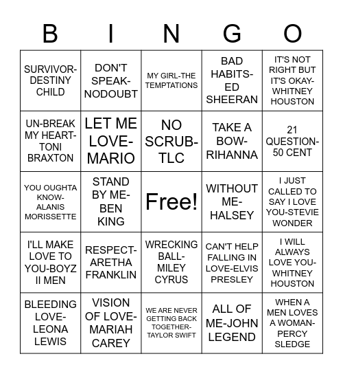LOVE SONGS VS BREAK-UP SONGS Bingo Card