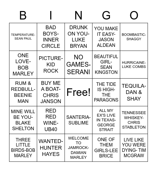 REGGAE VS COUNTRY Bingo Card