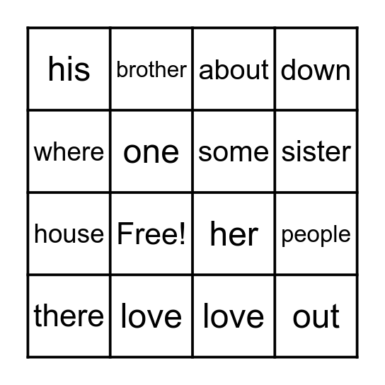 Sight Word Bingo Card