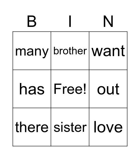 Sight word bingo Card