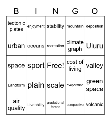 Year 7 Geography Bingo Card