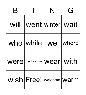 -w words Bingo Card