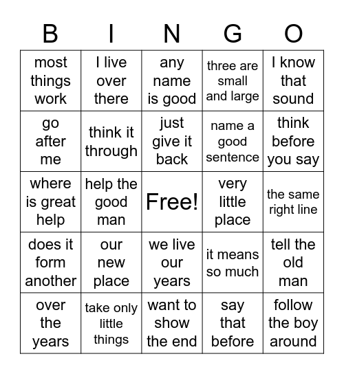 Fry Phrases 101-200 (A) Bingo Card
