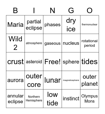 Astronomy Bingo Card