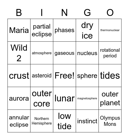 Astronomy Bingo Card