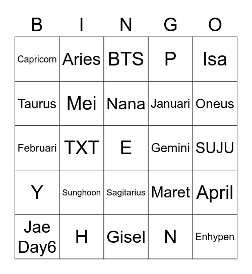 Sunghoon Bingo Card