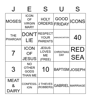 Sunday School Bingo Card