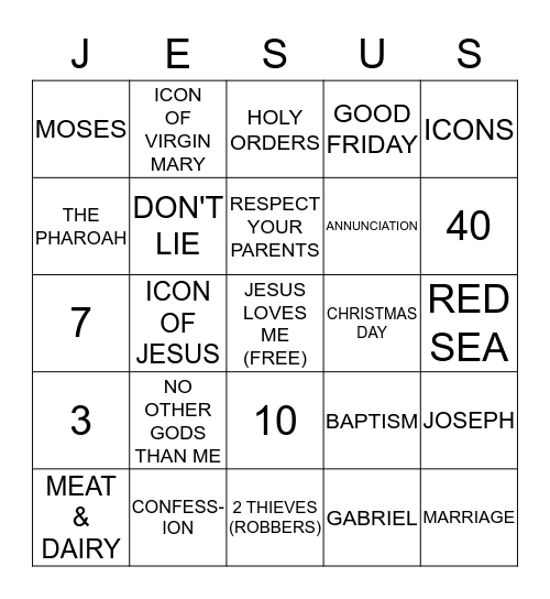Sunday School Bingo Card