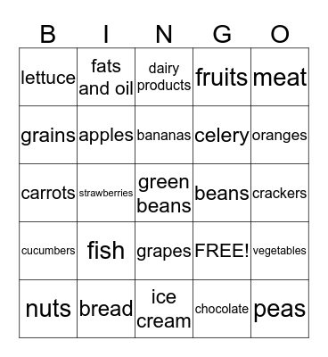 Nutrition Bingo Card