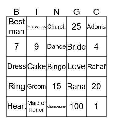 Rahaf's Bridal Shower 2015 Bingo Card