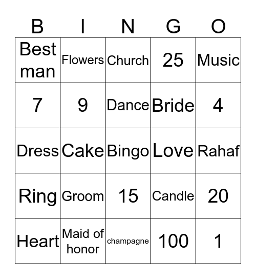 Rahaf's Bridal Shower 2015 Bingo Card