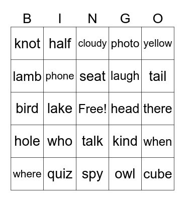 sight words/letter combination Bingo Card