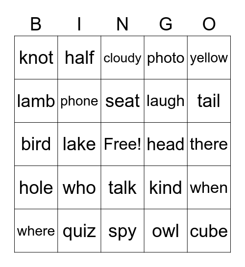 sight words/letter combination Bingo Card