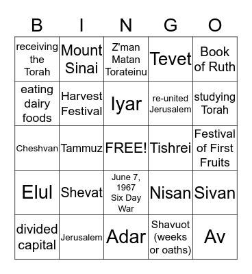 Yom Yerushalayim, Rosh Chodesh, Shavuot BINGO Card